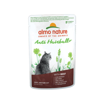 Almo Nature Holistic Anti-Hairball, Hrana Umeda pentru Pisici, Adult si Senior, cu Vita, Impotriva Ghemotoacelor de Blana, Plic, 70g