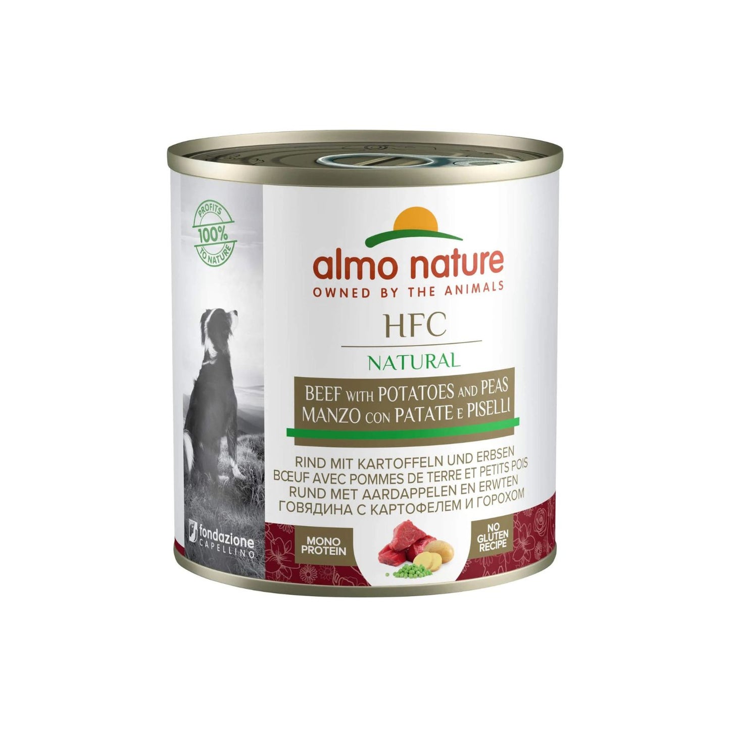 Almo Nature HFC, Hrana Umeda Complementara pentru Caini Adult, cu Vita, Cartofi si Mazare, 280g