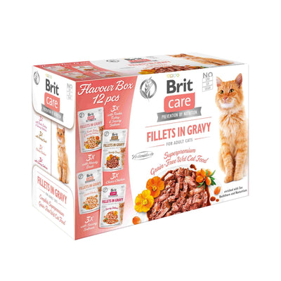Brit Care Cat Flavour Box, Hrana Umeda pentru Pisici Adult, Fileuri in Sos, Pachet Mixt 4 Sortimente, Fara Cereale, 12x85g