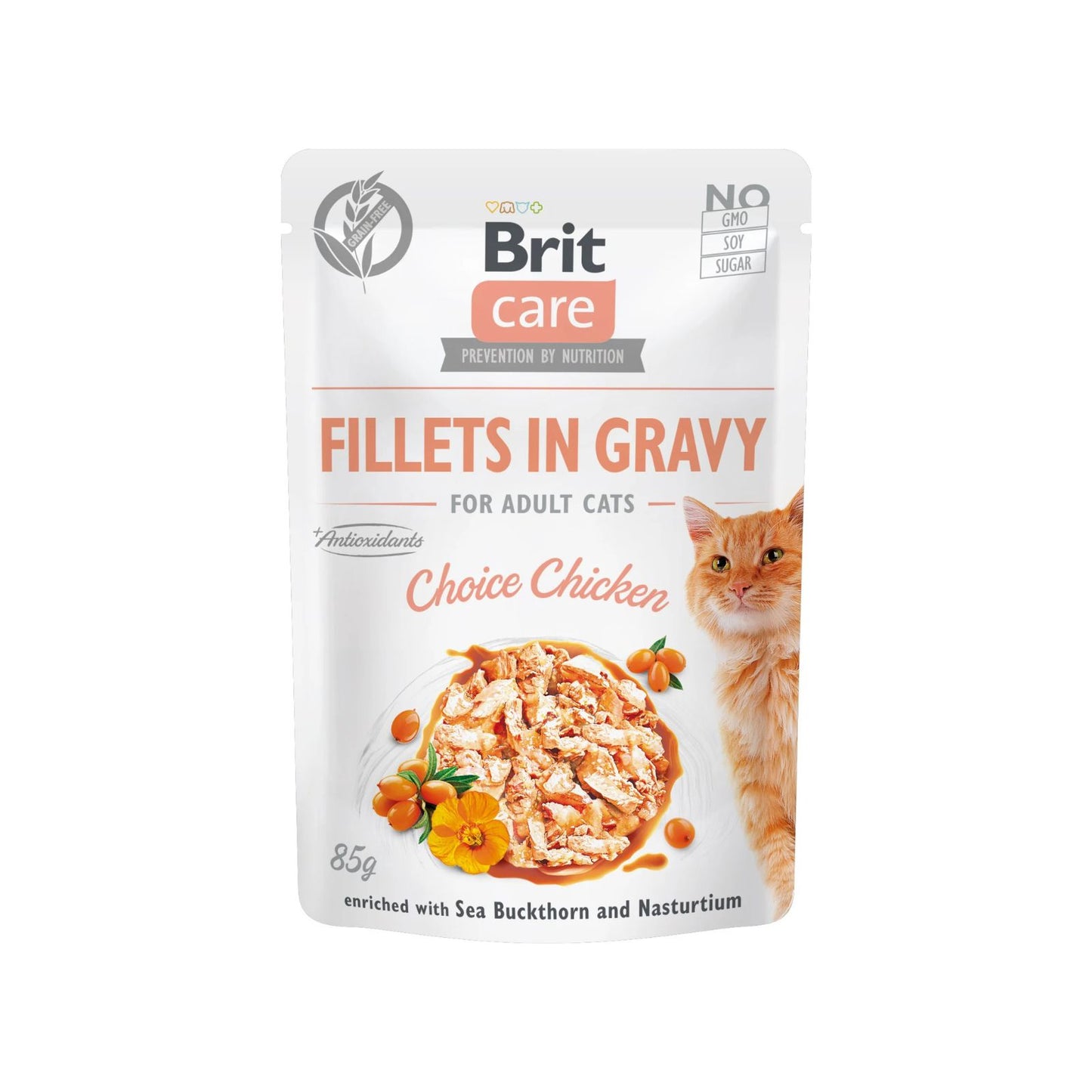 Brit Care Fillets in Gravy, Hrana Umeda pentru Pisici Adult, Fileuri de Pui in Sos, Fara Cereale, 85g