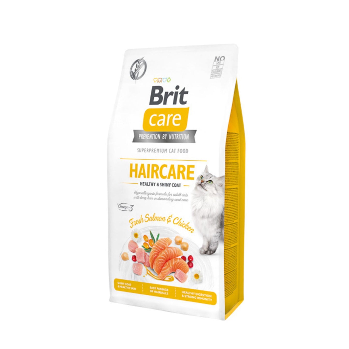 Brit Care Grain-Free Cat Haircare Healthy & Shiny Coat, Hrana Uscata pentru Pisici Adult cu Par Lung, cu Somon Proaspat si Alge Marine, Ingrijire Speciala a Blanii, Fara Cereale, 400g / 2kg / 7kg