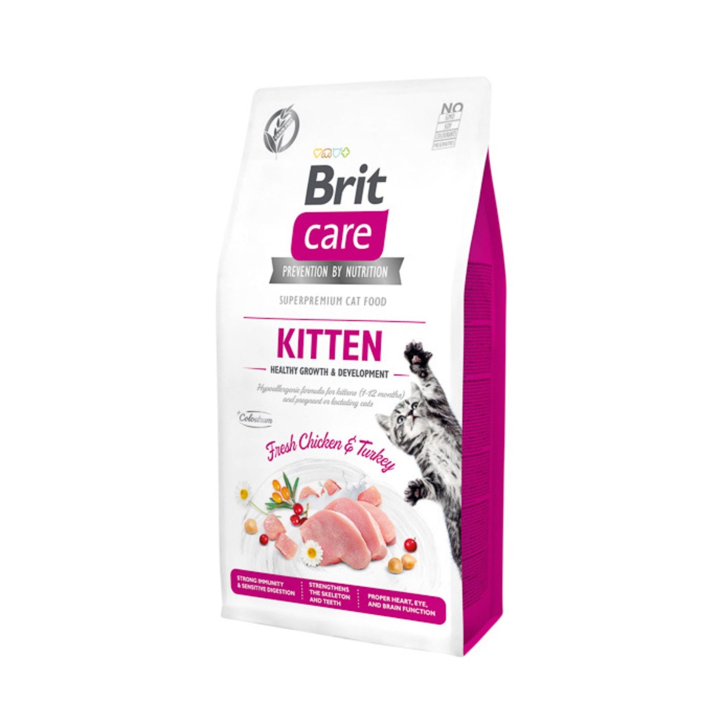 Brit Care Kitten Healthy Growth & Development, Hrana Uscata pentru Pisici Junior, cu Curcan si Pui, Fara Cereale, 400g / 2kg / 7kg