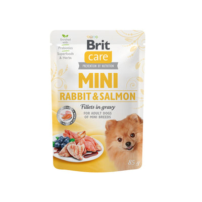 Brit Care Mini Fillets in Gravy, Hrana Umeda pentru Caini Adulti Rase Mici, cu Iepure si Somon in Sos, Fara Cereale, 85g
