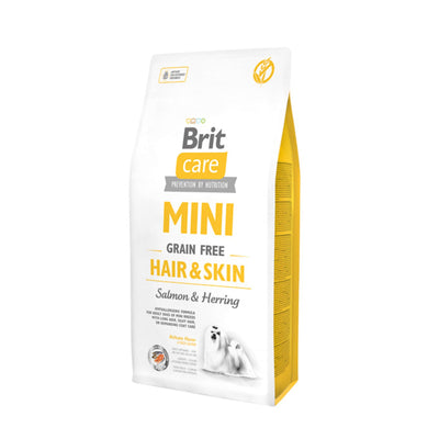 Brit Care Mini Hair & Skin Adult, Hrana Uscata pentru Caini Adulti Rase Mici, cu Somon si Hering, Fara Cereale, 400g / 2kg / 7kg