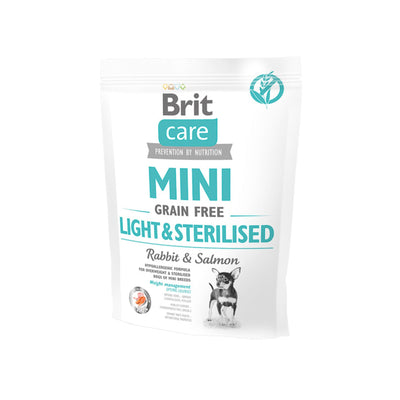 Brit Care Mini Light & Sterilised, Hrana Uscata pentru Caini Rase Mici Sterilizati, cu Iepure si Somon, Controlul Greutatii, Fara Cereale, 400g / 2kg / 7kg