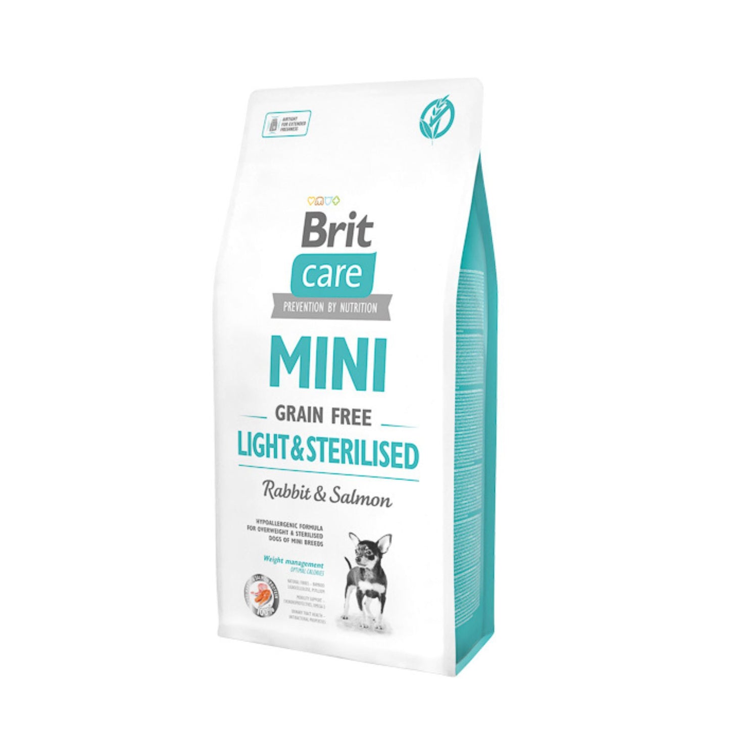Brit Care Mini Light & Sterilised, Hrana Uscata pentru Caini Rase Mici Sterilizati, cu Iepure si Somon, Controlul Greutatii, Fara Cereale, 400g / 2kg / 7kg