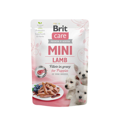 Brit Care Mini Puppy Fillets in Gravy, Hrana Umeda pentru Caini Junior Rase Mici, cu Miel in Sos, Fara Cereale, 85g