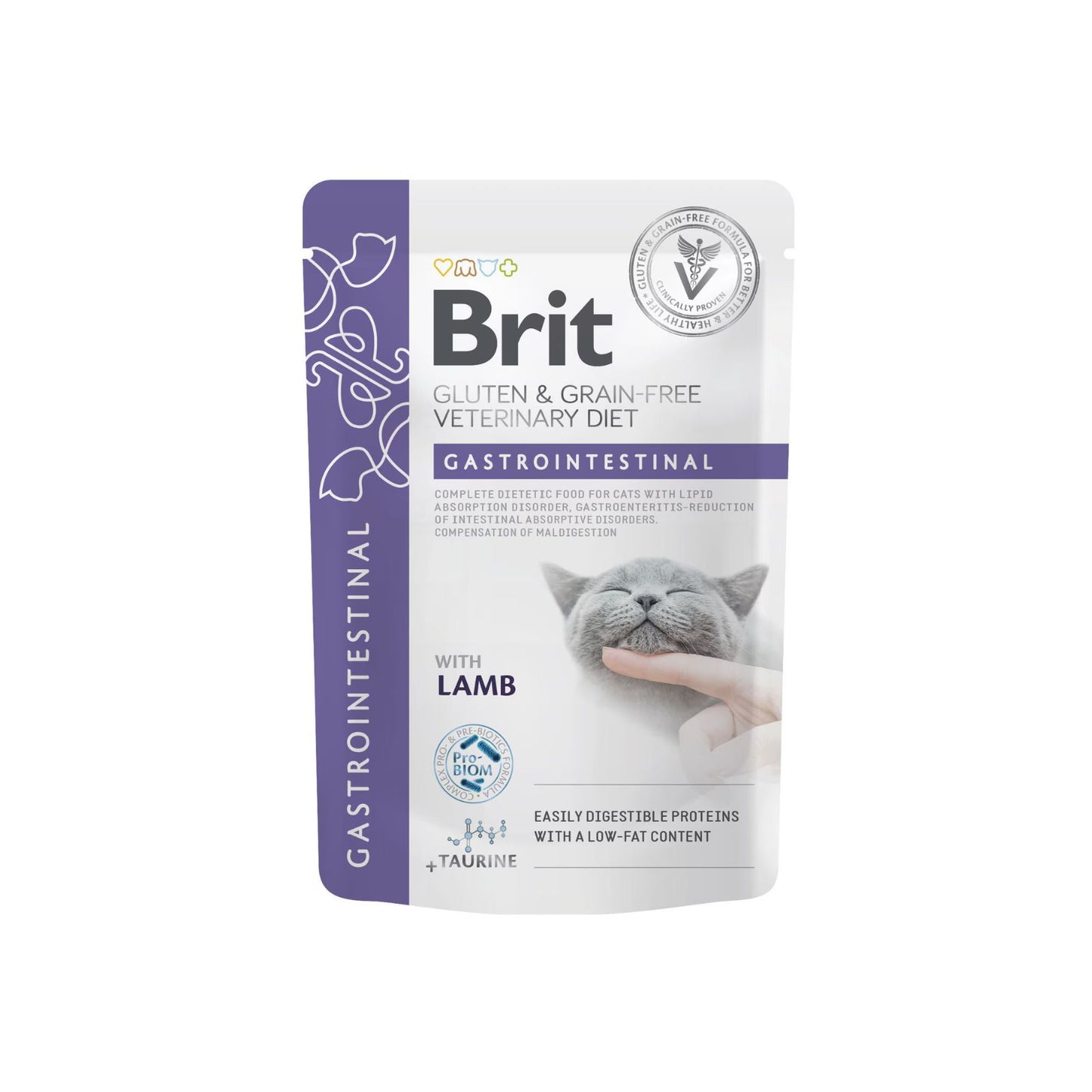 Brit Veterinary Diet Gastrointestinal Low Fat, Hrana Umeda pentru Pisici, Tulburari gastrointestinale, cu Miel si Pui, 85g