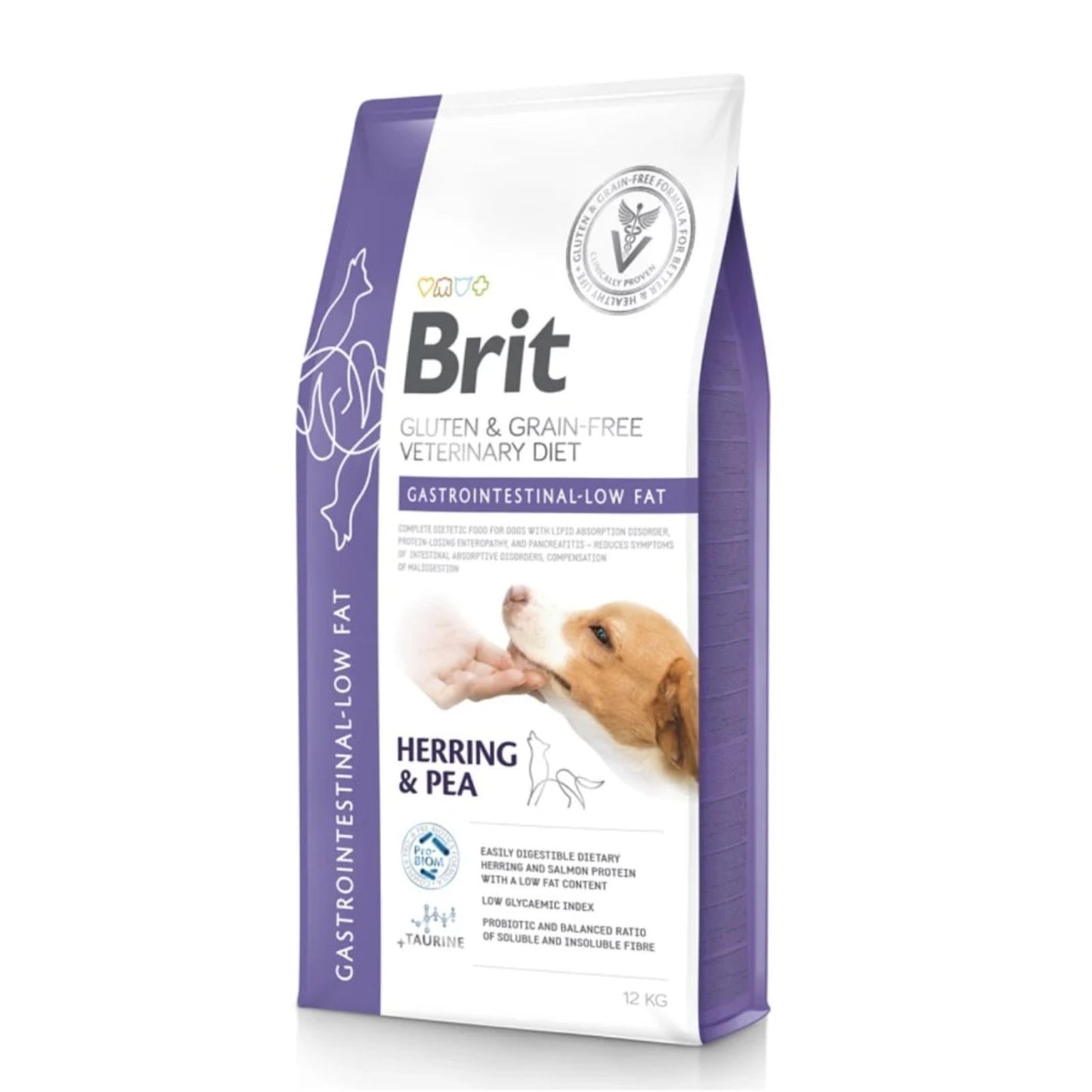 Brit Veterinary Diet Gastrointestinal Low Fat, Hrana Uscata pentru Caini, Reducerea Tulburarilor Intestinale, cu Hering si Mazare, 2kg / 12kg
