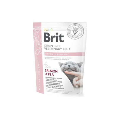Brit Veterinary Diet Hypoallergenic, Hrana Uscata pentru Pisici, Reducerea Intolerantelor, cu Somon si Mazare 400g / 2kg / 5kg