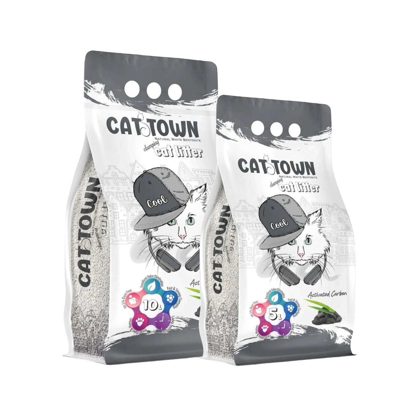 Cat Town Asternut Igienic, Nisip Bentonita Premium cu Carbon Activ, Control Maxim al Mirosurilor, 5L / 10L