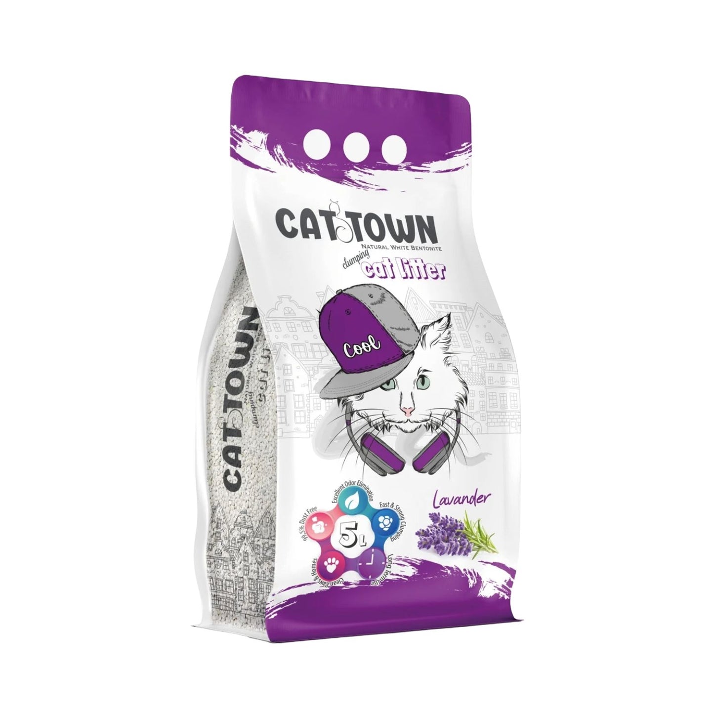 Cat Town Asternut Igienic, Nisip Bentonita Premium cu cu Parfum de Lavanda, 5L