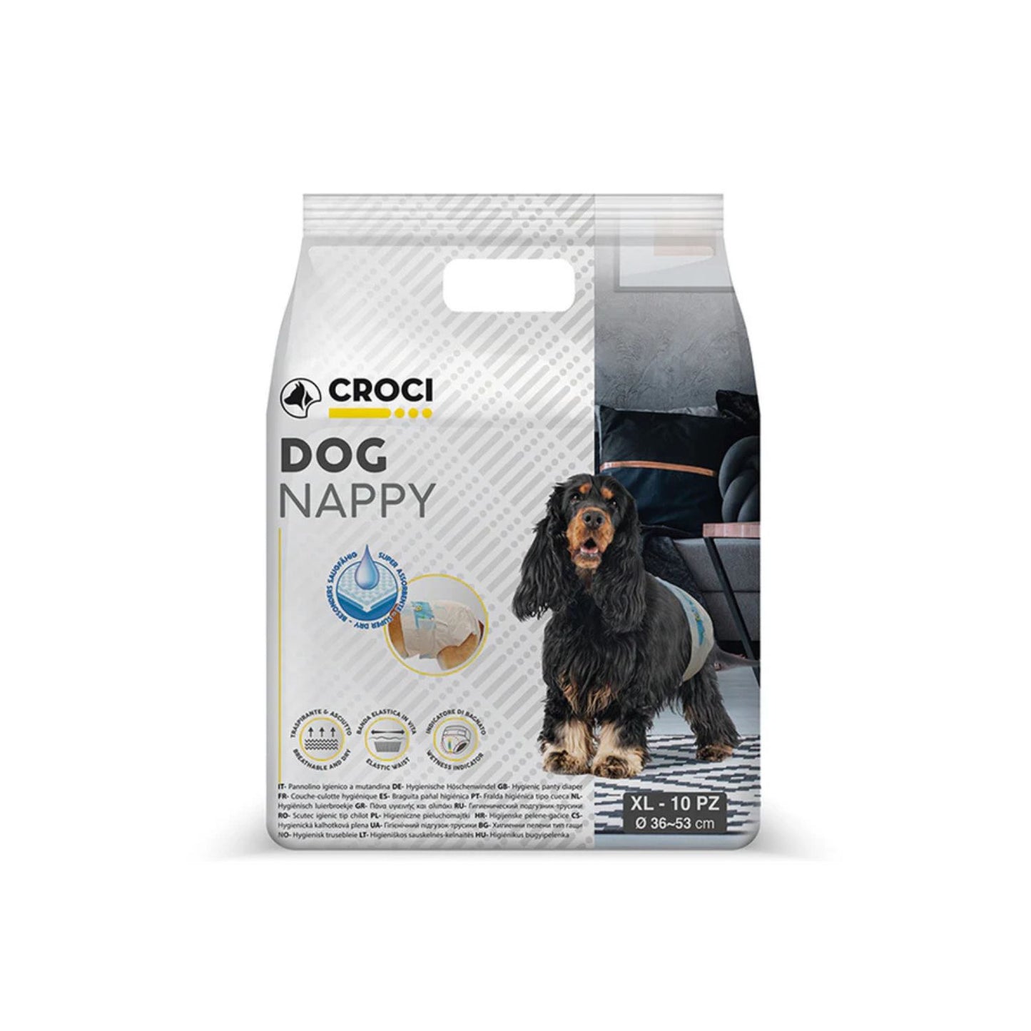 Croci Dog Nappy, Chiloti Absorbanti pentru Caini cu Indicator Umiditate, Marimea XL 40-62cm, Set 10 Bucati