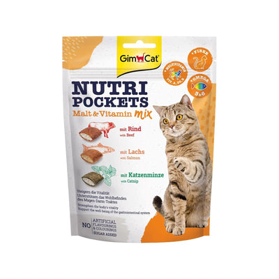 GimCat Nutri Pockets, Mix Recompense pentru Pisici, Pernute Crocante cu Malt si Vitamine, 3 Umpluturi, 150g