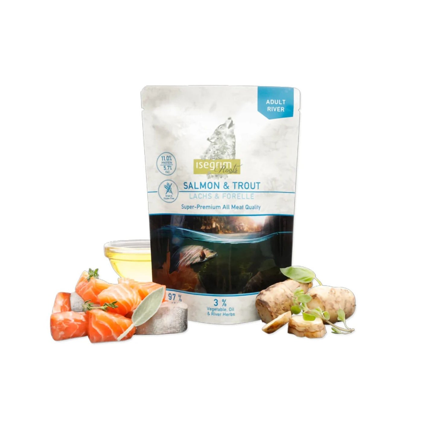 Isegrim Adult River, Hrana Umeda pentru Caini Adult, cu Somon, Pastrav si Pui, Fara Cereale, 410g