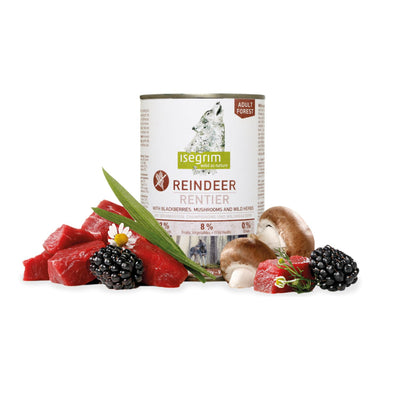 Isegrim Adult, Hrana Umeda pentru Caini Adult, Monoprotein, cu Carne de Ren, Mure si Ciuperci, Fara Cereale, 400g/800g