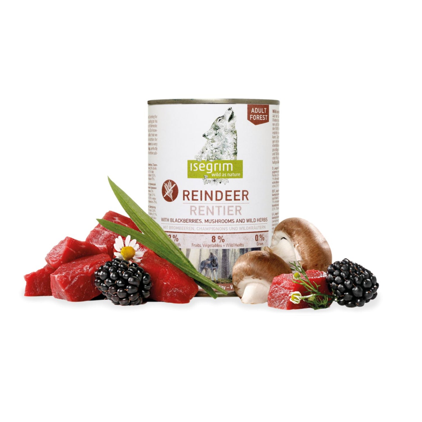 Isegrim Adult, Hrana Umeda pentru Caini Adult, Monoprotein, cu Carne de Ren, Mure si Ciuperci, Fara Cereale, 400g/800g