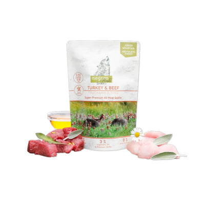 Isegrim Junior, Hrana Umeda pentru Caini Junior, cu Carne de Curcan si Vita, Cartofi Dulci si Ierburi de Munte, Fara Cereale, 410g