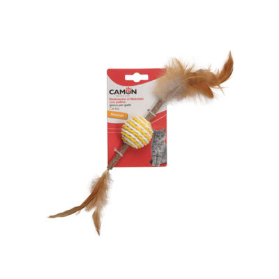 Jucarie pentru Pisici Camon, Sfera Impletita si Pene cu Bastonas Matatabi, 13cm
