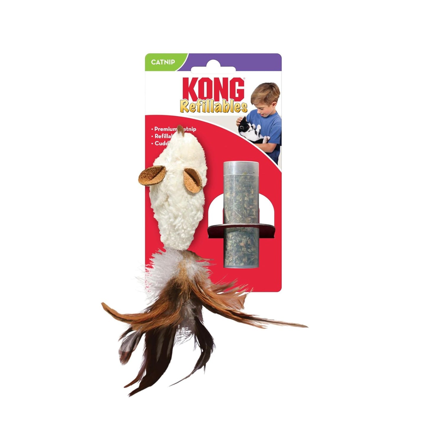 KONG Refillables Jucarie Interactiva pentru Pisici, Soricel de Plus cu Pene Reincarcabil cu Catnip (Iarba Matei)