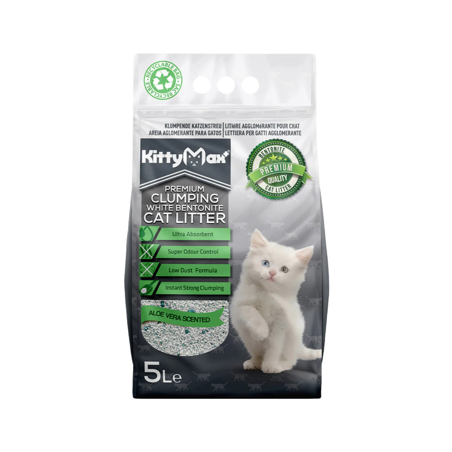 Kittymax Premium Asternut Igienic, Nisip Bentonita Alba cu Parfum de Aloe Vera, 5L