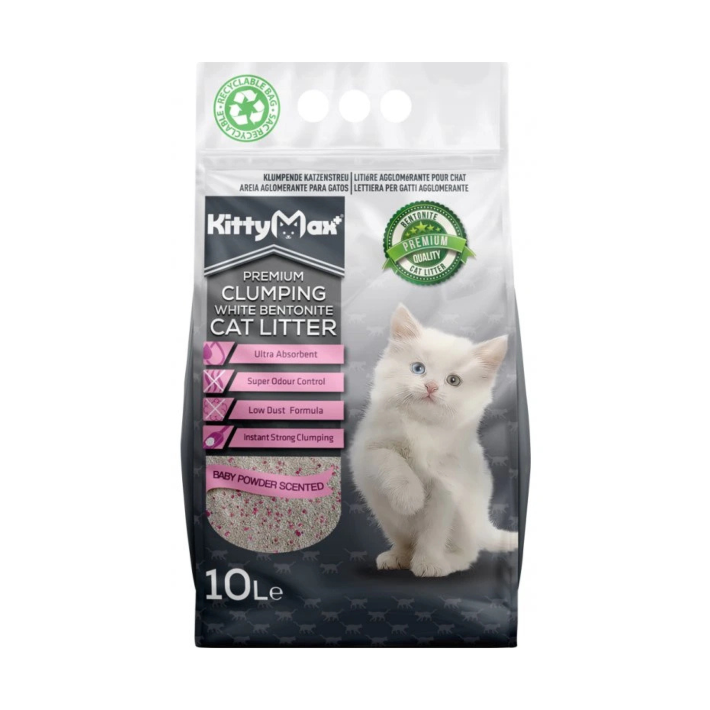 Kittymax Premium Asternut Igienic, Nisip Bentonita Alba cu Parfum de Baby Powder, 5L / 10 L