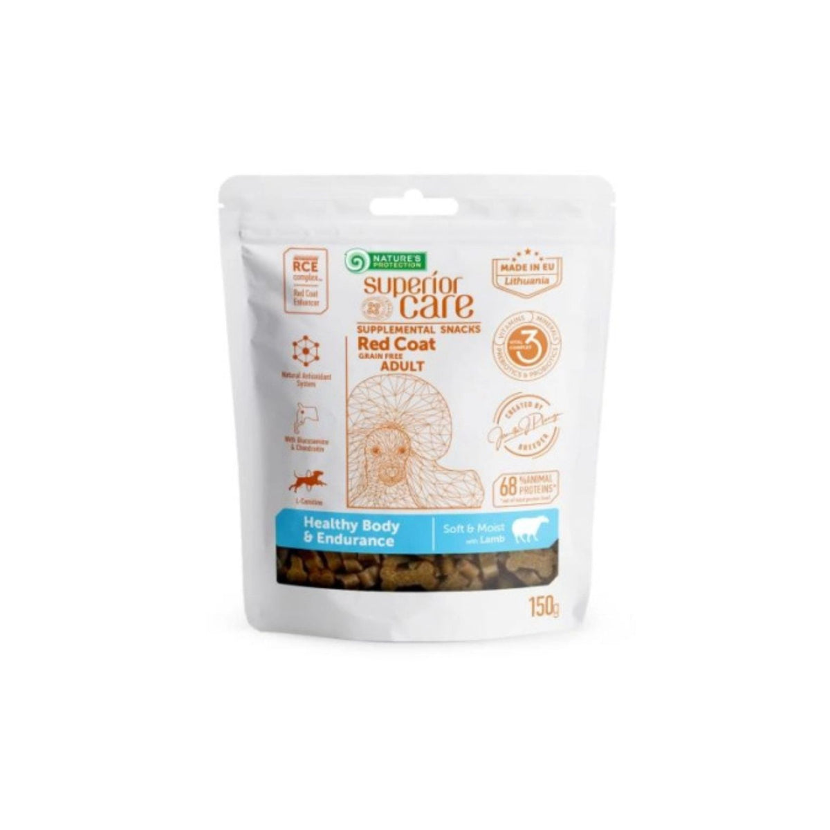 Nature's Protection Superior Care Red Coat Snack Healthy & Endurance, Recompense pentru Caini Adulti, cu Miel, Fara Cereale, 150g