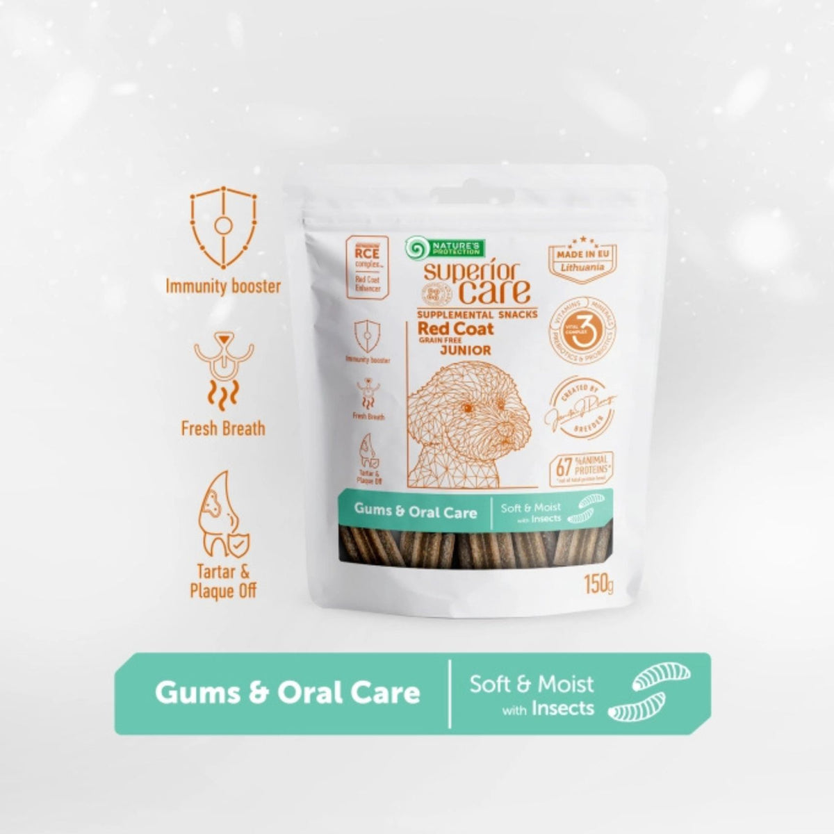 Nature's Protection Superior Care Red Coat, Gums & Oral Care, Recompense cu Insecte pentru Caini Juniori, Fara Cereale, 150g