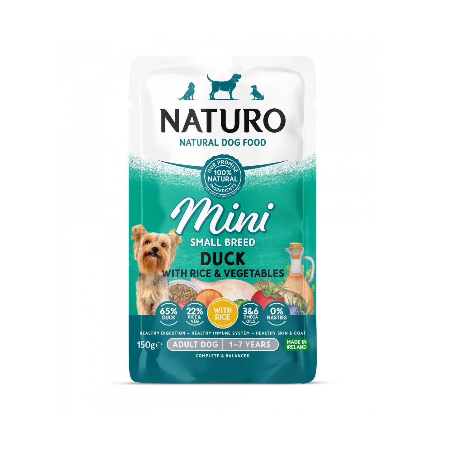 Naturo Adult Dog, Hrana Umeda pentru Caini Adult, Talie Mica, cu Carne de Rata si Orez, 150g