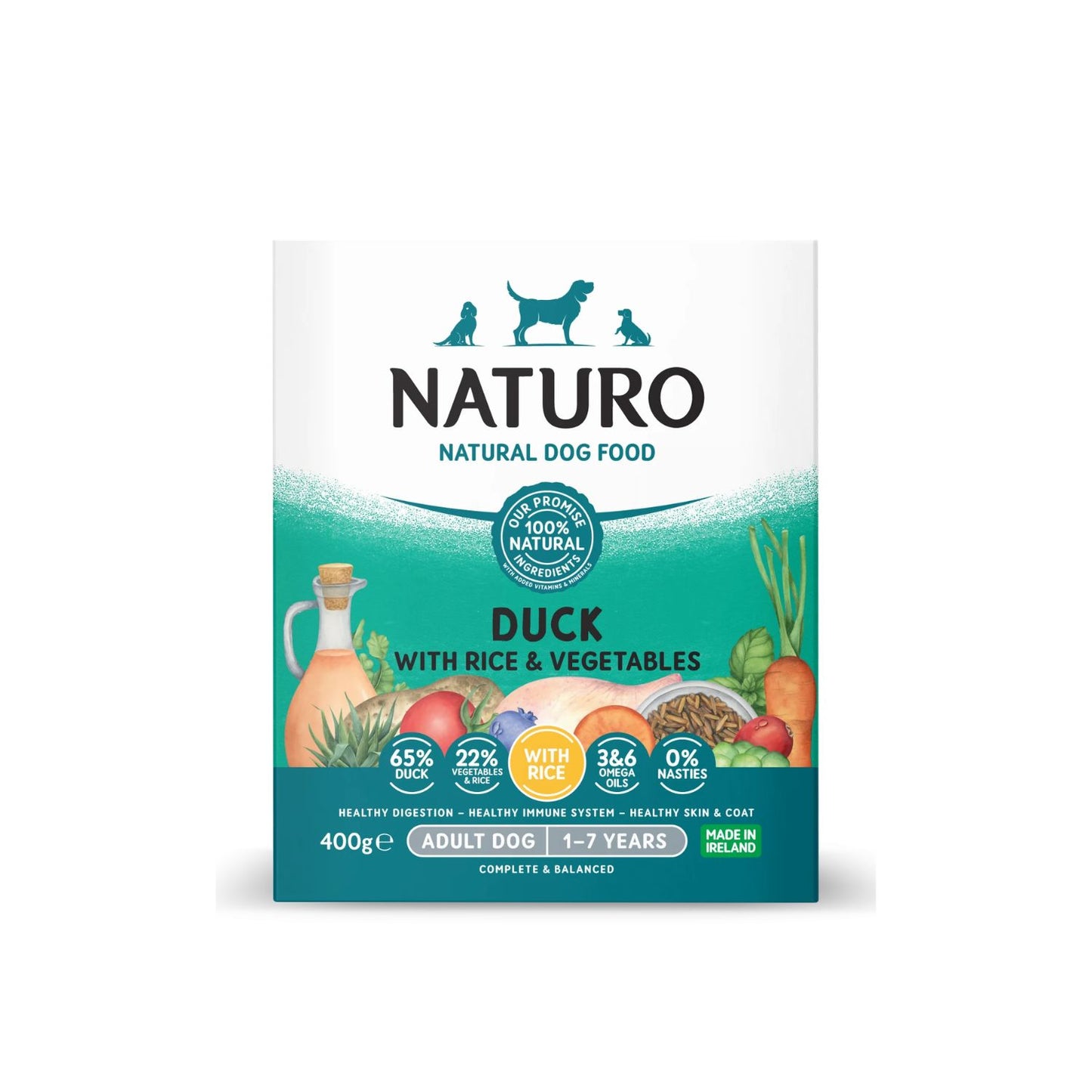 Naturo Caserola, Hrana Umeda pentru Caine Adult, cu Carne de Rata, Orez si Legume 400g
