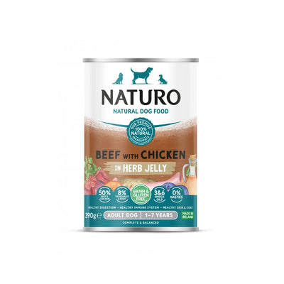 Naturo Conserva, Hrana Umedca pentru Caine Adult, cu Carne de Vita si Pui, Amestec de Legume si Fructe in Jeleu cu Ierburi Aromatice, Fara Cereale, 390g