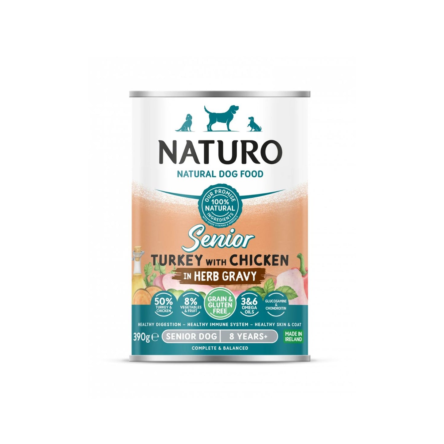 Naturo Conserva, Hrana Umeda pentru Caine Senior, cu Carne de Curcan si Pui, Amestec de Fructe si Legume in Sos cu Ierburi Aromatice, Fara Cereale, 390g