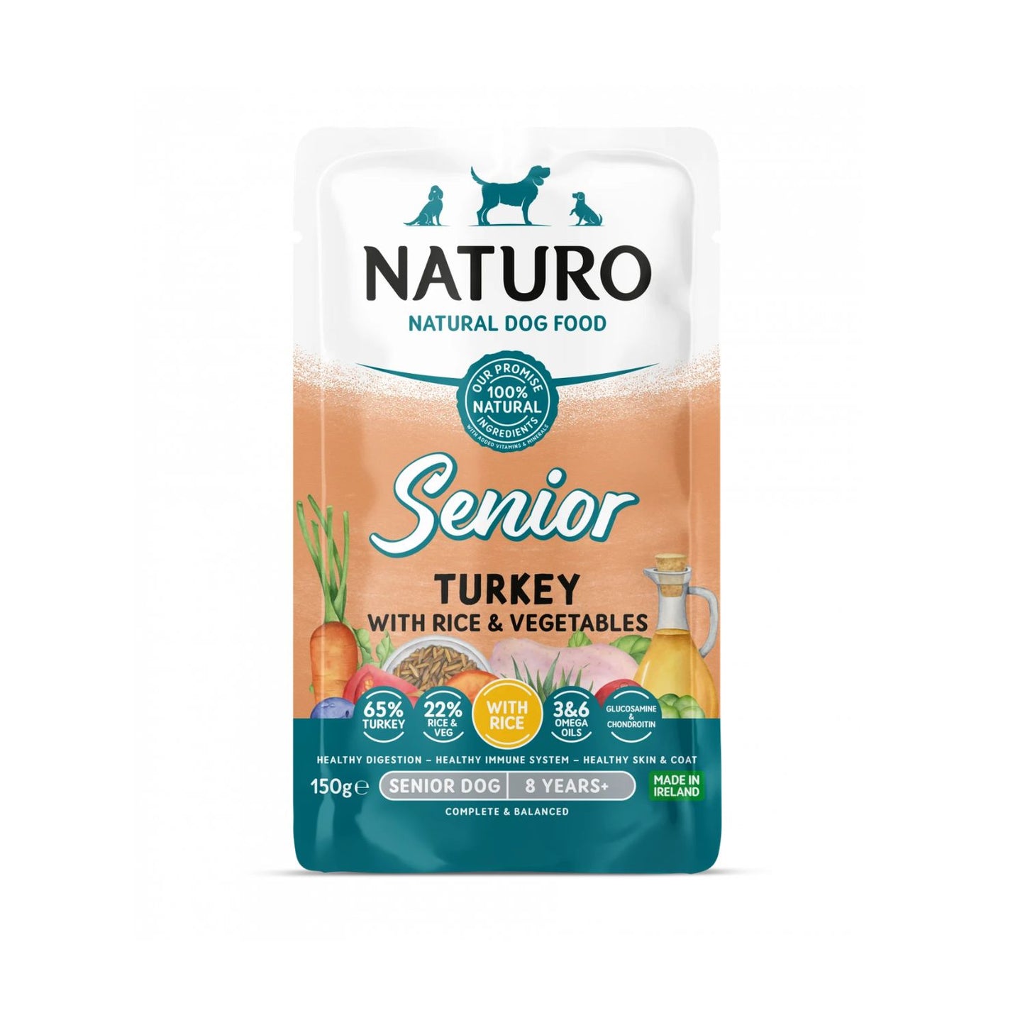 Naturo Senior Dog, Hrana Umeda pentru Caine Senior, cu Carne de Curcan, Orez si Legume, 150g