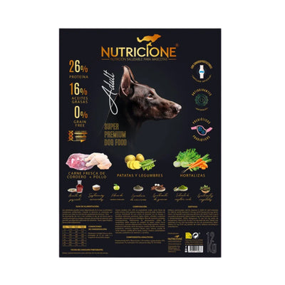 Nutricione Hrana Uscata pentru Caini Adulti cu Carne Proaspata, Miel si Pui, Fara Cereale, 12 Kg