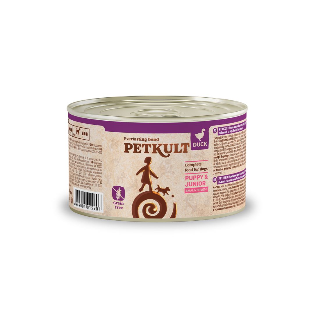 Petkult Mini Junior cu Rata, Hrana Umeda pentru Caini Junior, Talie Mica, Fara Cereale, 185g
