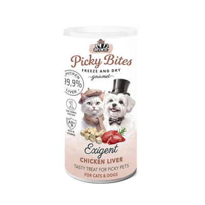 Picky Bites Exigent, Recompense Freeze-Dried pentru Pisici si Caini, cu Ficat de Pui, Monoprotein, 30g