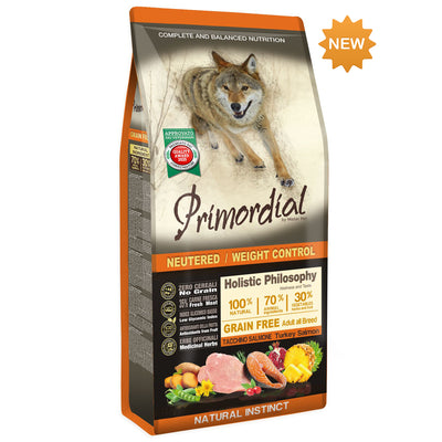 Primordial Holistic Dog Adult, Hrana Uscata pentru Caine Sterilizat, cu Curcan si Somon, Controlul Greutatii, Fara Cereale, 12kg