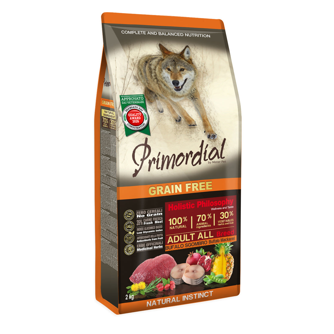 Primordial Grain-Free Holistic Dog Adult cu Carne de Bivol si Macrou 2kg / 12kg