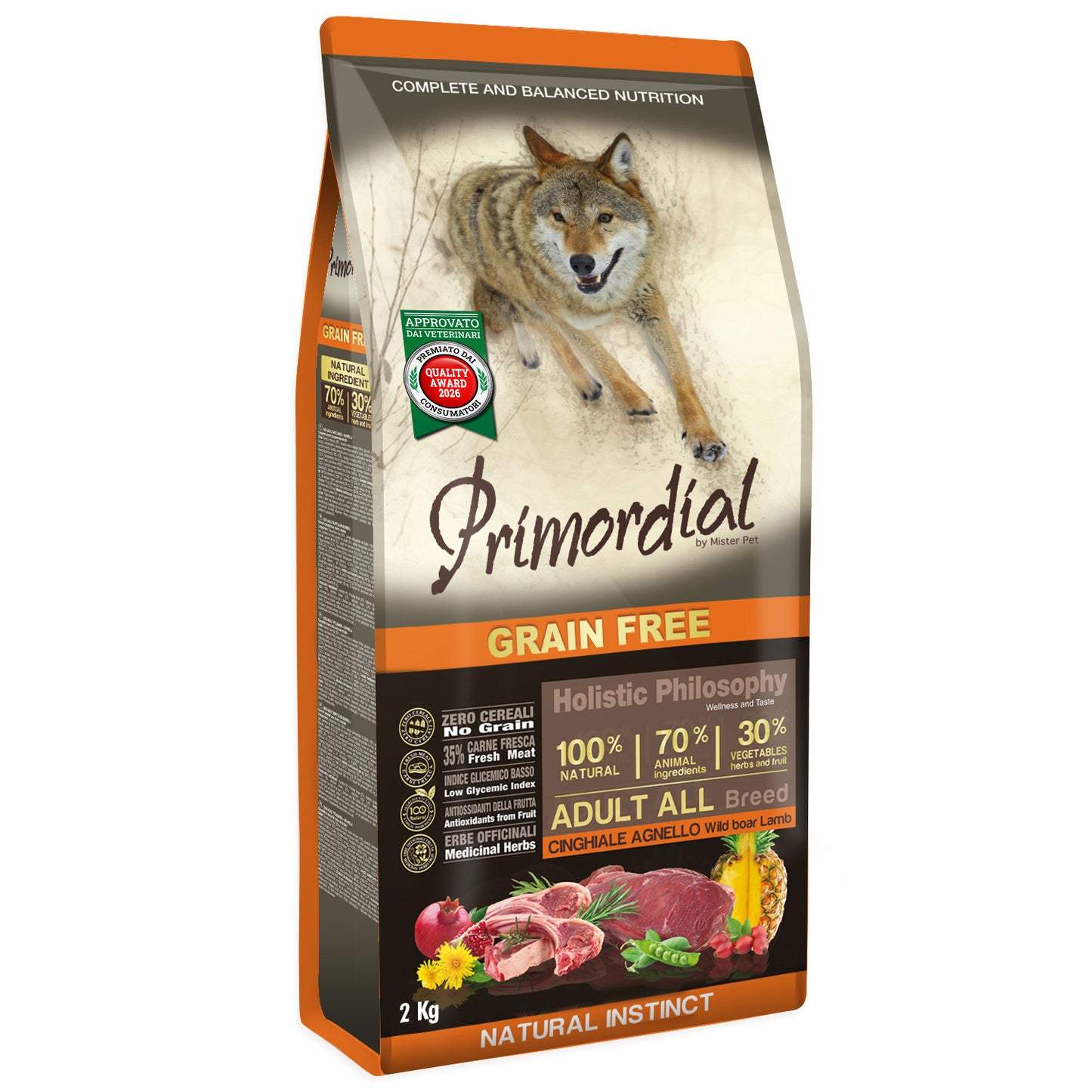 Primordial Holistic Dog Adult, Hrana Uscata pentru Caine, cu Mistret si Miel, Fara Cereale, 12kg