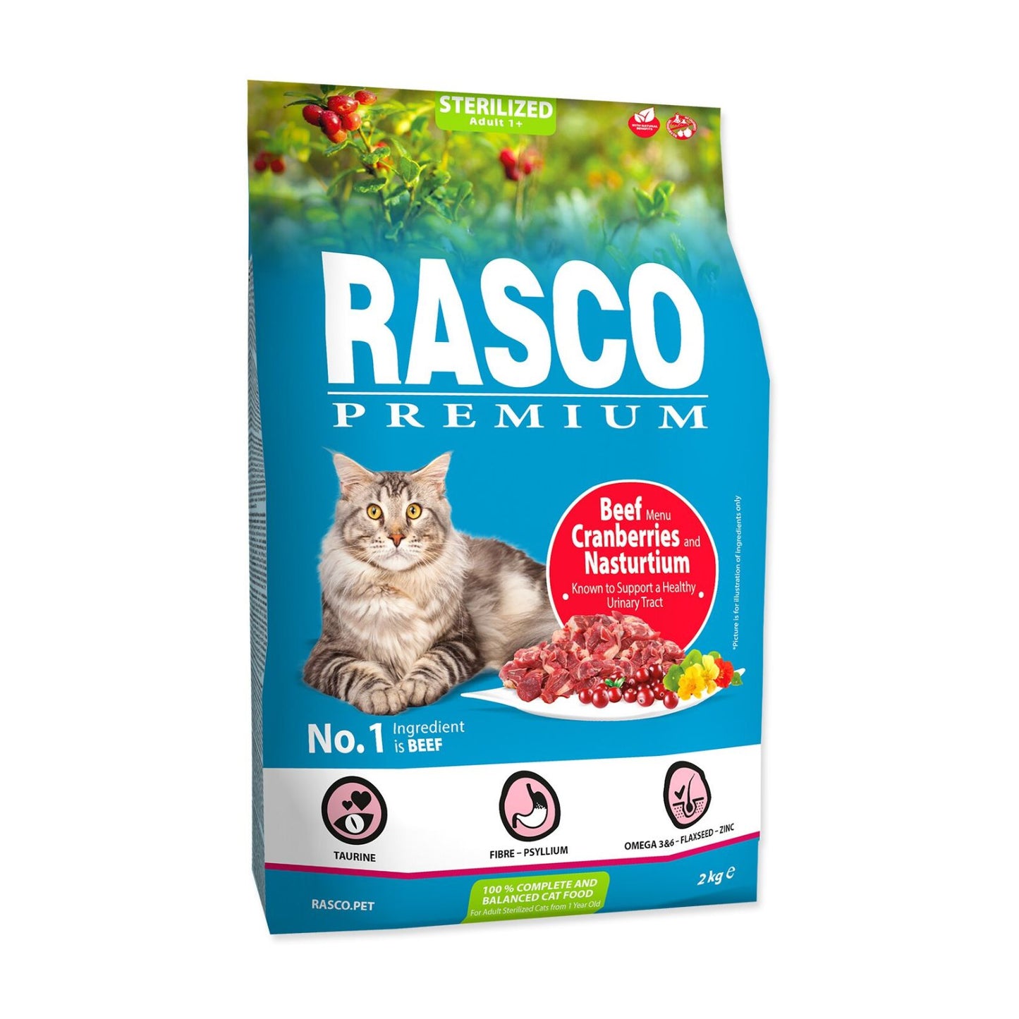 Rasco Premium Sterilized Hrana Uscata pentru Pisici Sterilizate, cu Vita si Merisoare, 400g / 2kg
