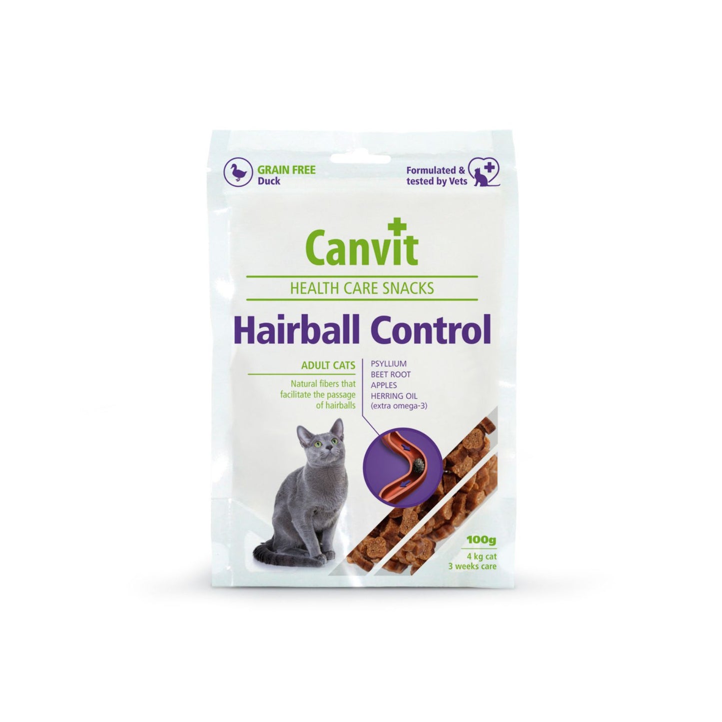 Recompense Functionale Canvit Hairball Control pentru Pisici cu Rata si Psyllium, Grain Free, 100g