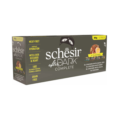 Schesir After Dark, Hrana Umeda pentru Pisici Adult, Bucati in Supa, Pachet 4 Sortimente, Fara Cereale, 12x80g