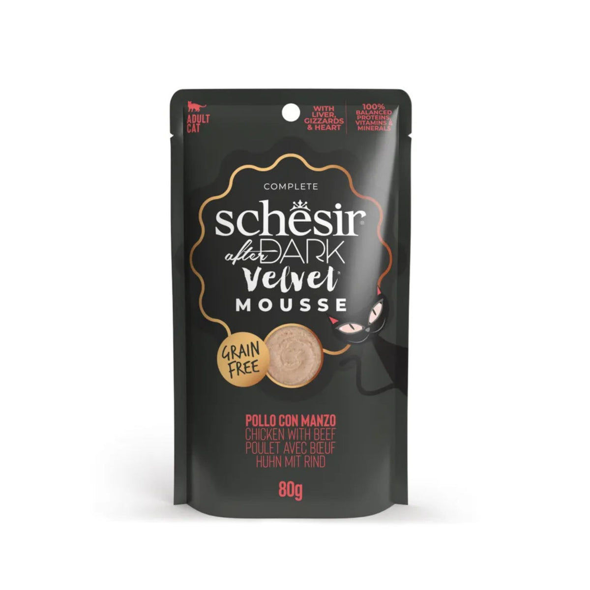 Schesir After Dark, Hrana Umeda pentru Pisici Adult, Mousse cu Pui si Vita, Fara Cereale, 80g