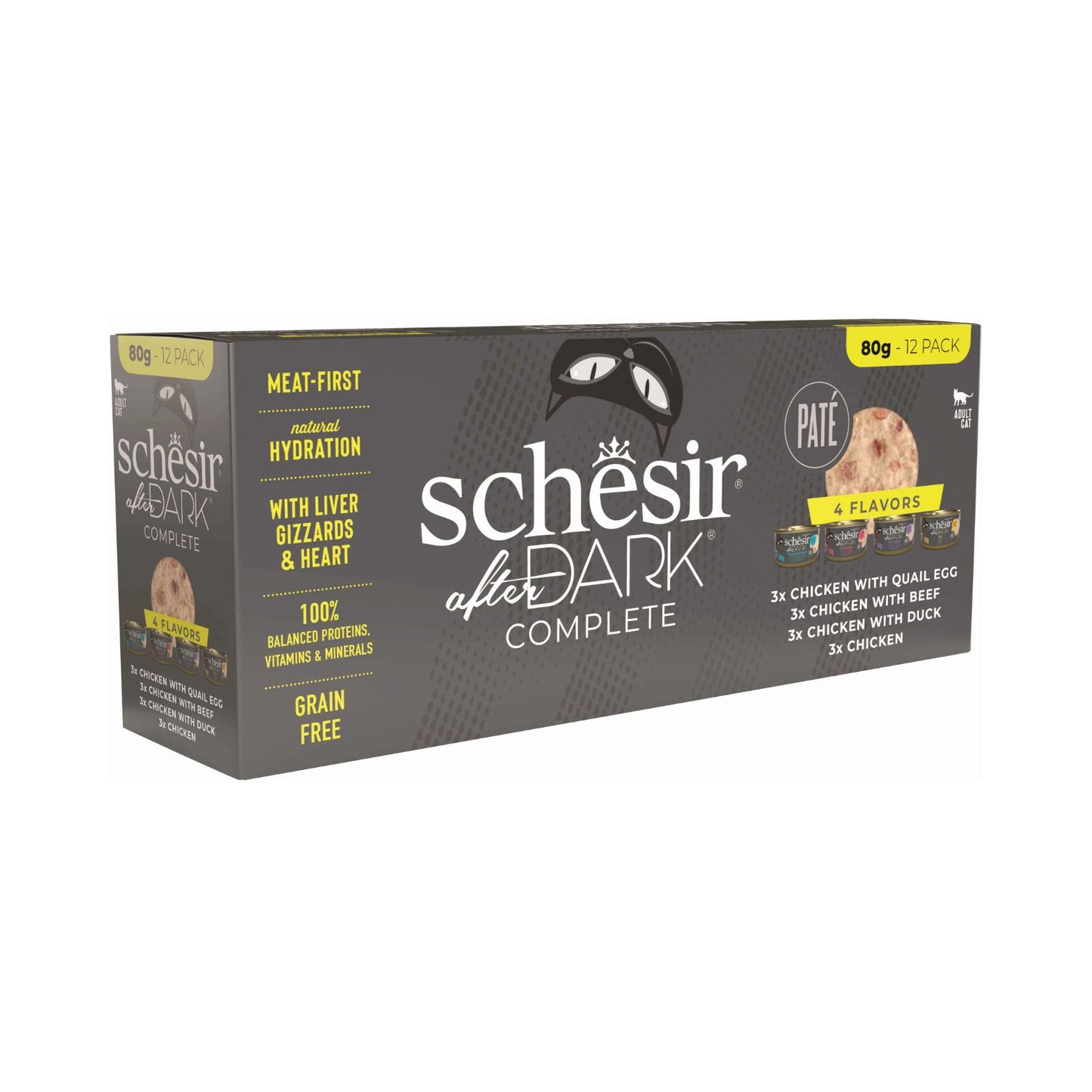 Schesir After Dark, Hrana Umeda pentru Pisici Adult, Pateu Pachet 4 Sortimente, Fara Cereale, 12x80g