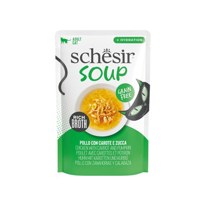 Schesir Soup, Hrana Umeda Complementara pentru Pisici Adult, Supa cu Pui, Dovleac si Morcov, Fara Cereale, 40g