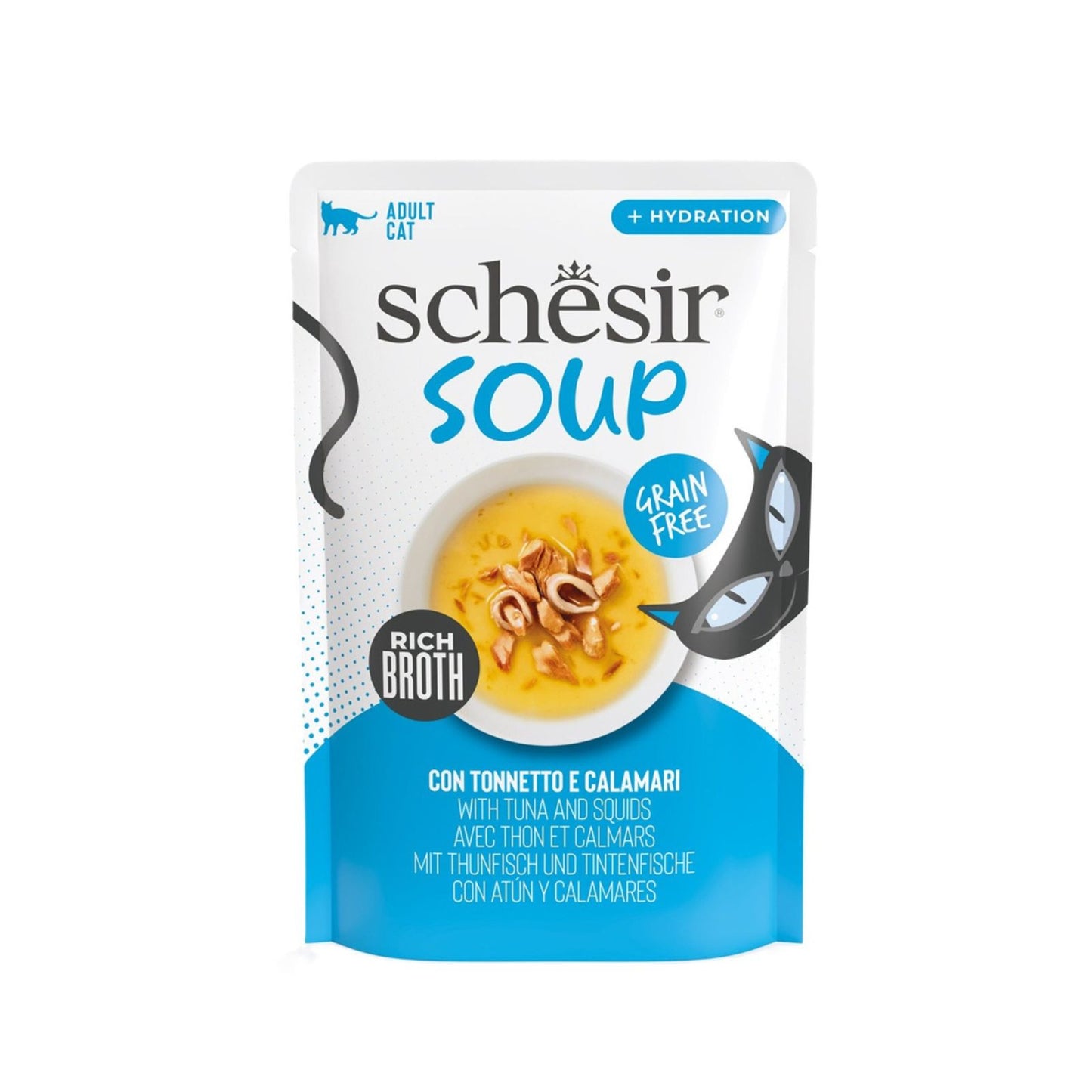 Schesir Soup, Hrana Umeda Complementara pentru Pisici Adult, Supa cu Ton si Calamar, Fara Cereale, 40g