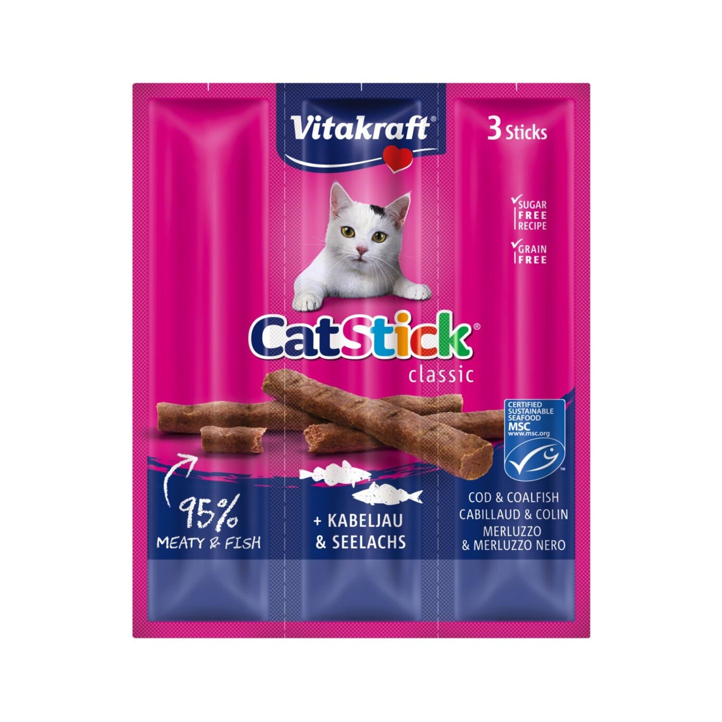 Vitakraft Cat Stick Classic, Recompense pentru Pisici cu Cod si Merluciu, 18g