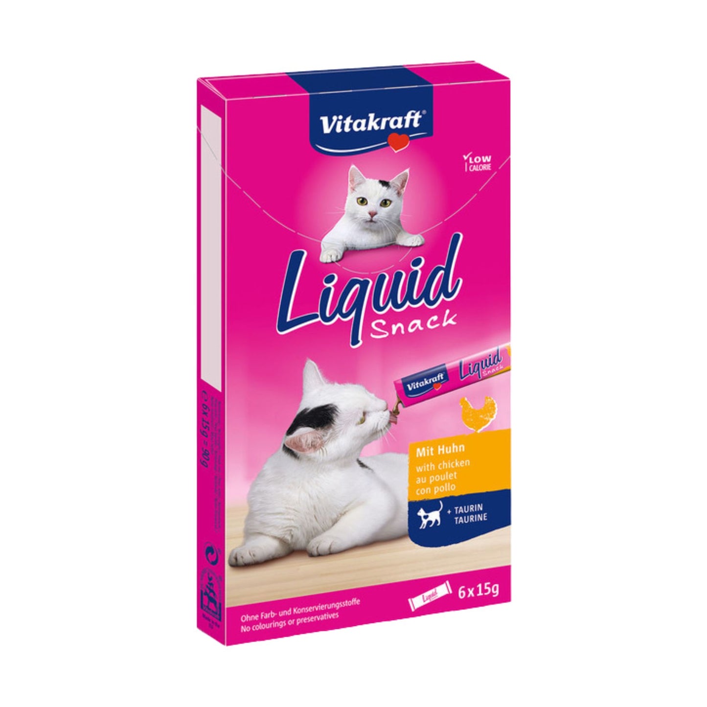 Vitakraft Liquid Snack, Recompensa Lichida Cremoasa pentru Pisici, cu Pui si Taurina, 6x15g, 90g