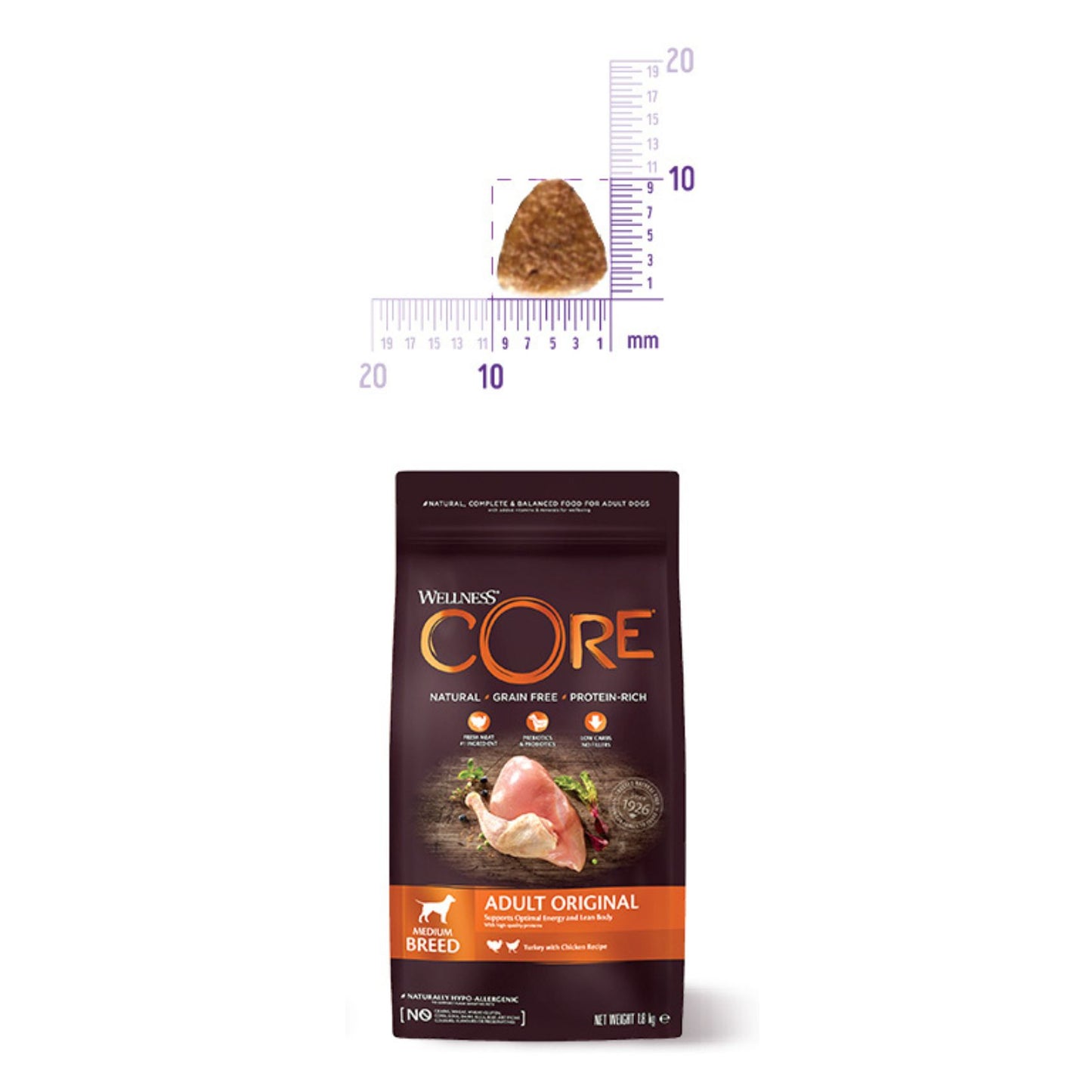 Wellness CORE Adult Original – Hrana Uscata pentru Caini Talie Medie, cu Curcan si Pui, Fara Cereale, 10 kg