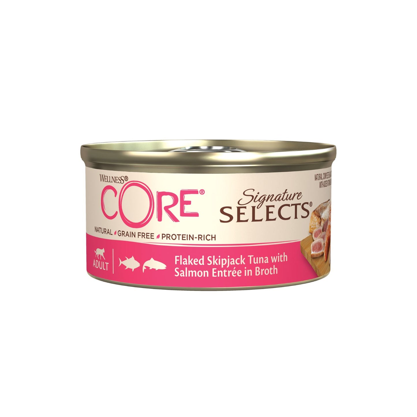 Wellness CORE Signature Selects, Hrana Umeda pentru Pisici, cu Ton Skipjack si Somon in Supa, Fara Cereale, Conserva, 79g